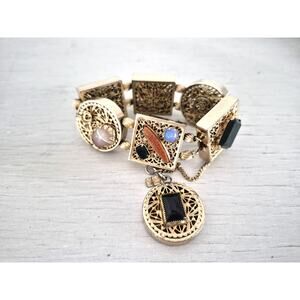 Vintage Kafin New York Chunky Ornate Multi-color Stone Panel Bracelet